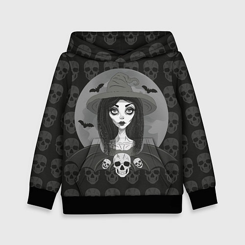 Детская толстовка Ведьма, череп, Хэллоуин / 3D-Черный – фото 1