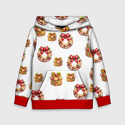 Толстовка-худи детская Много новогодних пончиков и подарков с бантиком и, цвет: 3D-красный