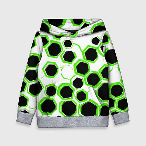 Детская толстовка Чёрно-зелёные шестиугольники на белом фоне / 3D-Меланж – фото 1