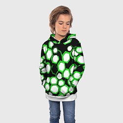 Толстовка-худи детская Бело-зелёные шестиугольники на чёрном фоне, цвет: 3D-белый — фото 2