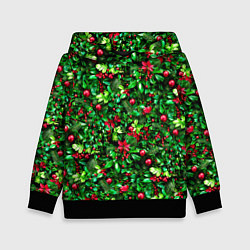 Толстовка-худи детская Ягоды падуба на новогодней елке, цвет: 3D-черный
