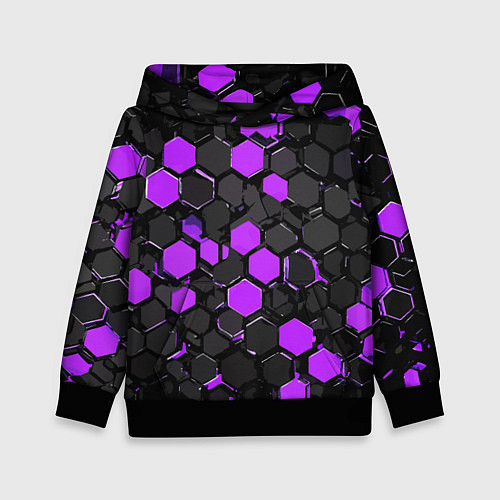 Детская толстовка Фиолетово-серые шестиугольники на чёрном фоне / 3D-Черный – фото 1