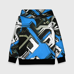 Толстовка-худи детская Сине-белый техно паттерн на чёрном фоне, цвет: 3D-черный