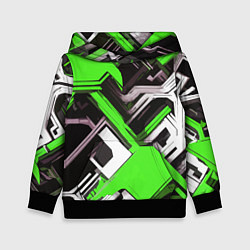 Толстовка-худи детская Бело-зелёный техно паттерн на чёрном фоне, цвет: 3D-черный