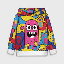 Толстовка-худи детская Причудливый узор с улыбающимся персонажем, цвет: 3D-белый