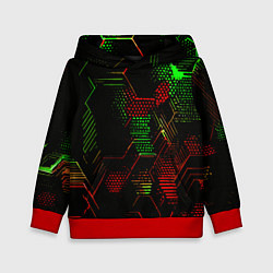 Толстовка-худи детская Красно-зелёные точки и линии на чёрном фоне, цвет: 3D-красный