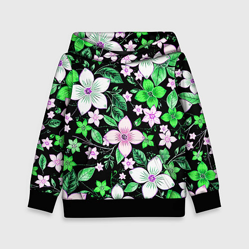 Детская толстовка Зелёно-белые цветы на чёрном фоне / 3D-Черный – фото 1