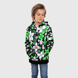 Толстовка-худи детская Зелёно-белые цветы на чёрном фоне, цвет: 3D-черный — фото 2