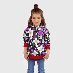 Толстовка-худи детская Фиолетово-белые цветы на чёрном фоне, цвет: 3D-красный — фото 2