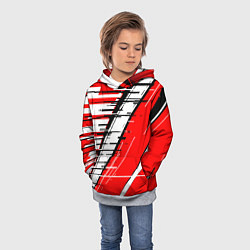 Толстовка-худи детская Чёрно-белые глитч полосы на красном фоне, цвет: 3D-меланж — фото 2