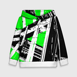 Толстовка-худи детская Чёрно-белые абстрактные линии на зелёном фоне, цвет: 3D-белый