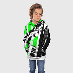Толстовка-худи детская Чёрно-белые абстрактные линии на зелёном фоне, цвет: 3D-белый — фото 2