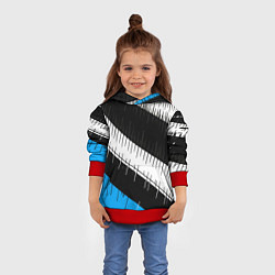 Толстовка-худи детская Диагональные чёрно-белые полосы на синем фоне, цвет: 3D-красный — фото 2