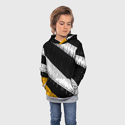 Толстовка-худи детская Диагональные чёрно-белые полосы на жёлтом фоне, цвет: 3D-меланж — фото 2