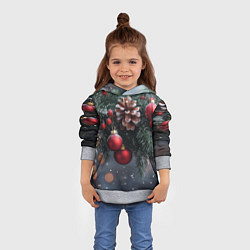Толстовка-худи детская Красные игрушки на елке и шишки, цвет: 3D-меланж — фото 2