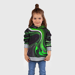 Толстовка-худи детская Волнистые бело-зелёные линии на чёрном фоне, цвет: 3D-меланж — фото 2