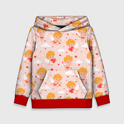Толстовка-худи детская Паттерн с милыми купидонами, цвет: 3D-красный