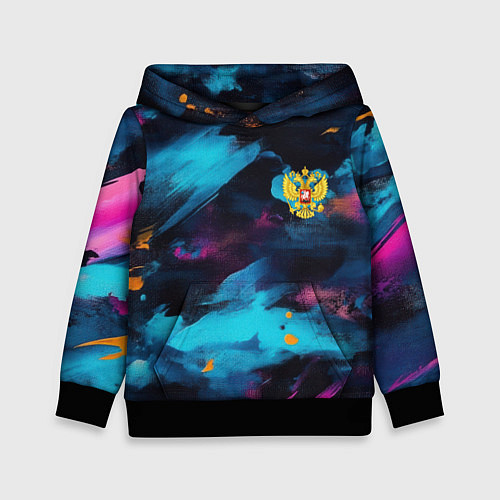 Детская толстовка Герб РФ на текстурном камуфляже / 3D-Черный – фото 1