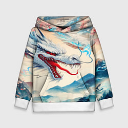 Толстовка-худи детская Дракон на фоне японского пейзажа, цвет: 3D-белый
