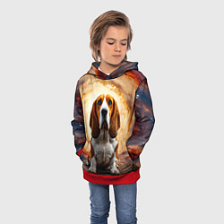 Толстовка-худи детская Бассет-хаунд в космосе, цвет: 3D-красный — фото 2