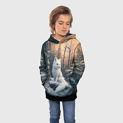 Толстовка-худи детская Белый лисенок в зимнем лесу, цвет: 3D-черный — фото 2