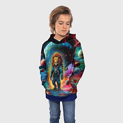 Толстовка-худи детская Лев бравый космонавт - неоновый космос, цвет: 3D-синий — фото 2
