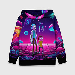 Толстовка-худи детская Морти и Рик на планете неоновых сказочных грибов, цвет: 3D-черный