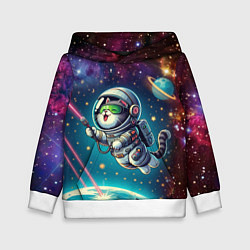 Толстовка-худи детская Котик в космосе с лазерным пистолетом, цвет: 3D-белый