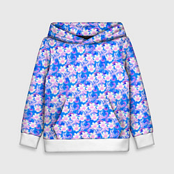 Толстовка-худи детская Нежный голубой с розовыми цветами паттерн, цвет: 3D-белый