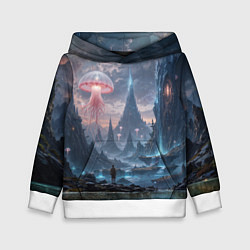 Толстовка-худи детская Фантастический мир с медузами и озеро у гор, цвет: 3D-белый