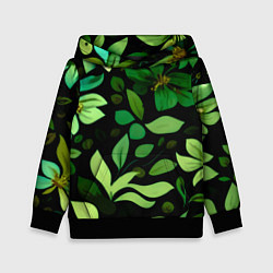 Толстовка-худи детская Чёрный с зелёными крупными цветами, цвет: 3D-черный