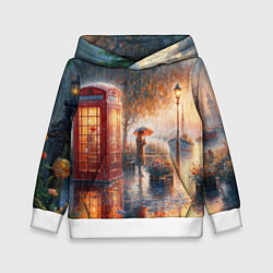Толстовка-худи детская Красная телефонная будка на набережной, цвет: 3D-белый