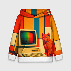 Толстовка-худи детская Кот и винтажный компьютер ретрофутуризм поп-арт 19, цвет: 3D-белый