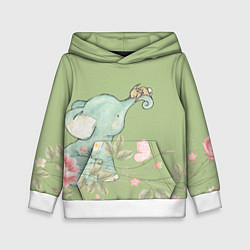 Толстовка-худи детская Слоненок с зайчиком в цветах на зеленом, цвет: 3D-белый