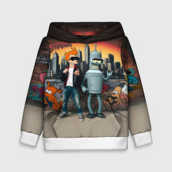 Толстовка-худи детская Фрай и Бендер на фоне стены с граффити, цвет: 3D-белый