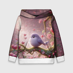 Толстовка-худи детская Маленькая фиолетовая птица с сердечками и цветами, цвет: 3D-белый