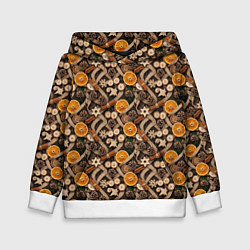 Толстовка-худи детская Новогодний орнамент с корицей и дольками апельсина, цвет: 3D-белый