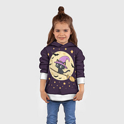 Толстовка-худи детская Хэллоуин, кот на метле, луна, цвет: 3D-белый — фото 2