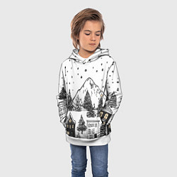 Толстовка-худи детская Заснеженный черно-белый город, цвет: 3D-белый — фото 2
