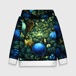 Толстовка-худи детская Новогодние шарики на елке, цвет: 3D-белый