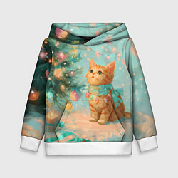 Толстовка-худи детская Милый рыжий котенок любуется елкой, цвет: 3D-белый