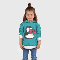 Толстовка-худи детская Пингвин с фотоаппаратом, цвет: 3D-белый — фото 2