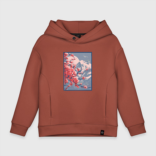 Детское худи оверсайз Цветение Сакуры на фоне Фудзи / Кирпичный – фото 1