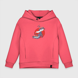 Толстовка оверсайз детская Дизайн с драконом на фоне красного солнца с эффект, цвет: коралловый