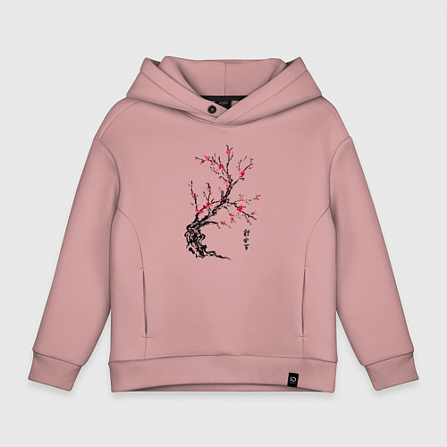 Детское худи оверсайз Сакура с иероглифами / Пыльно-розовый – фото 1