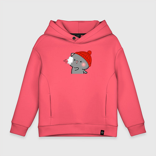 Детское худи оверсайз Игра в снежки - серый котик / Коралловый – фото 1