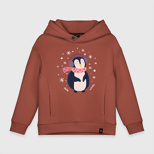 Детское худи оверсайз Забавный пингвин / Кирпичный – фото 1