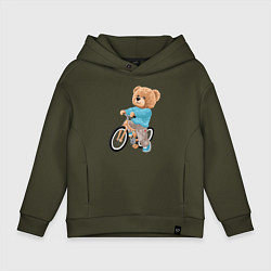 Толстовка оверсайз детская Медведь-велосипедист, цвет: хаки