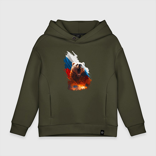 Детское худи оверсайз Злой русский медведь / Хаки – фото 1