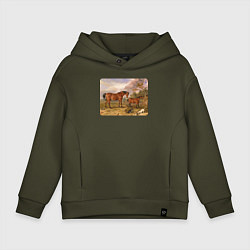 Толстовка оверсайз детская Две лошади и две собаки, цвет: хаки